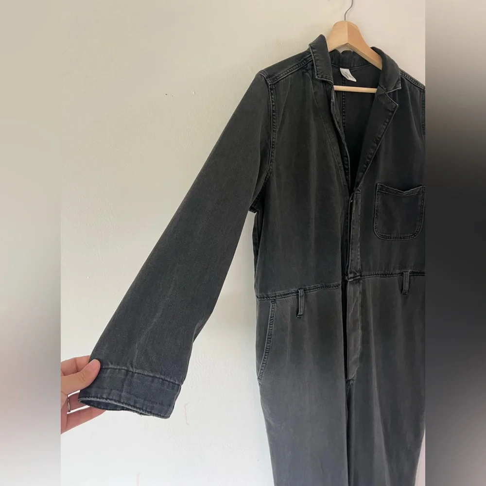 &Denim Washed Black Grey Long Sleeve Button Front Relaxed Fit Denim Jumpsuit - Picture 4 of 11